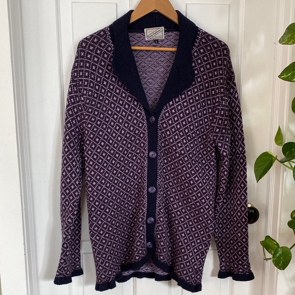 Irish Wool Cardigan Sweater Argyle Collared Ruffle Hem Purple Navy Lightweight